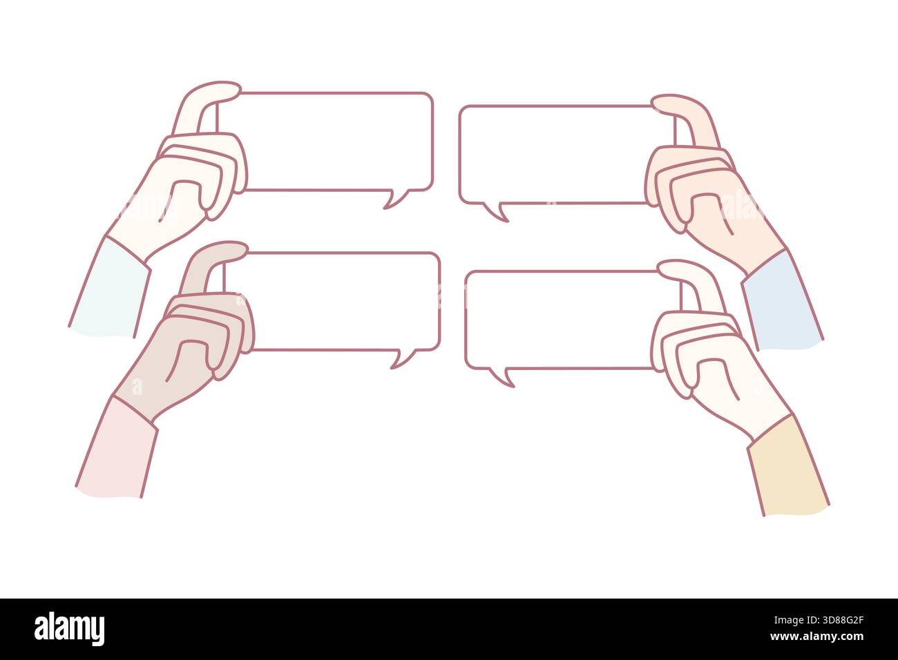 multiple hands holding empty speech bubbles representing conversation and feedback, varied hand positions Stock Vector