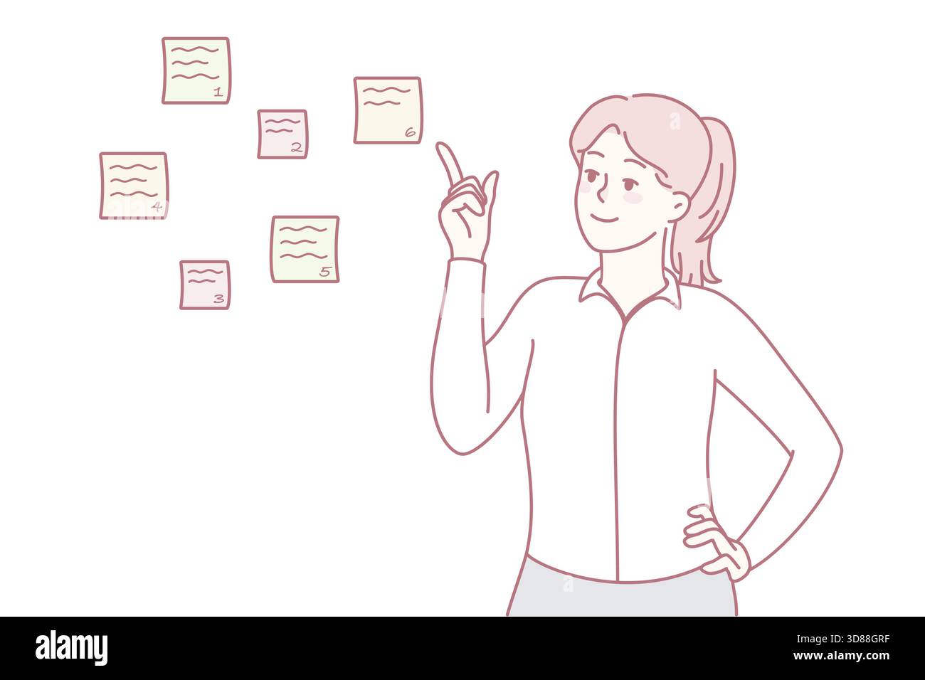 Smiling businesswoman point at sticky notes with numbers planning tasks ...
