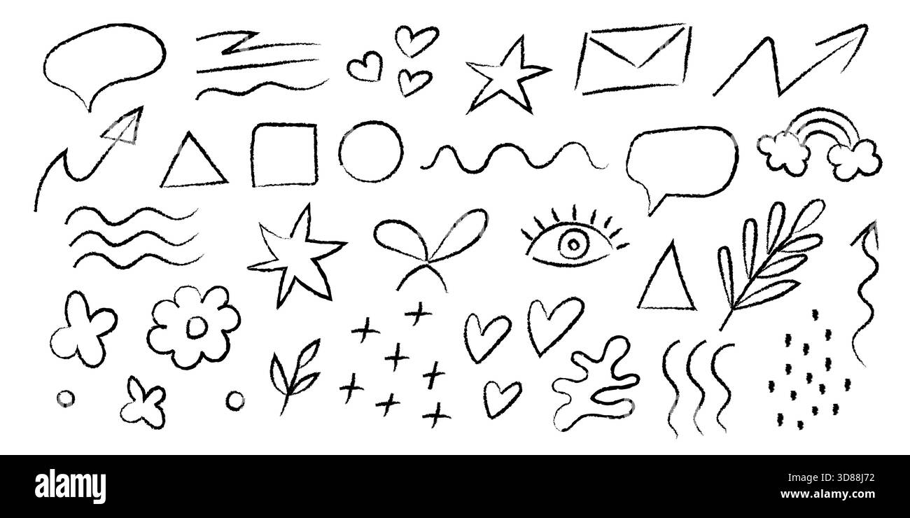 A delightful collection of whimsical handdrawn doodles and charming symbols designed for creative projects Stock Vector