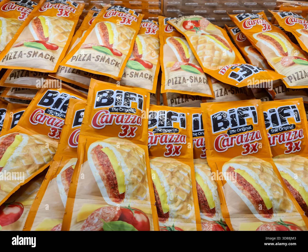 Processed Snacsk Kiel, Germany - 24. November 2025: Bifi Carazza pizza snacks displayed ...