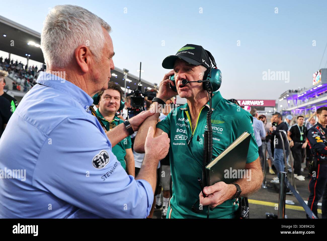 (L to R): Derek Warwick (GBR) FIA Steward with Adrian Newey (GBR) Aston ...