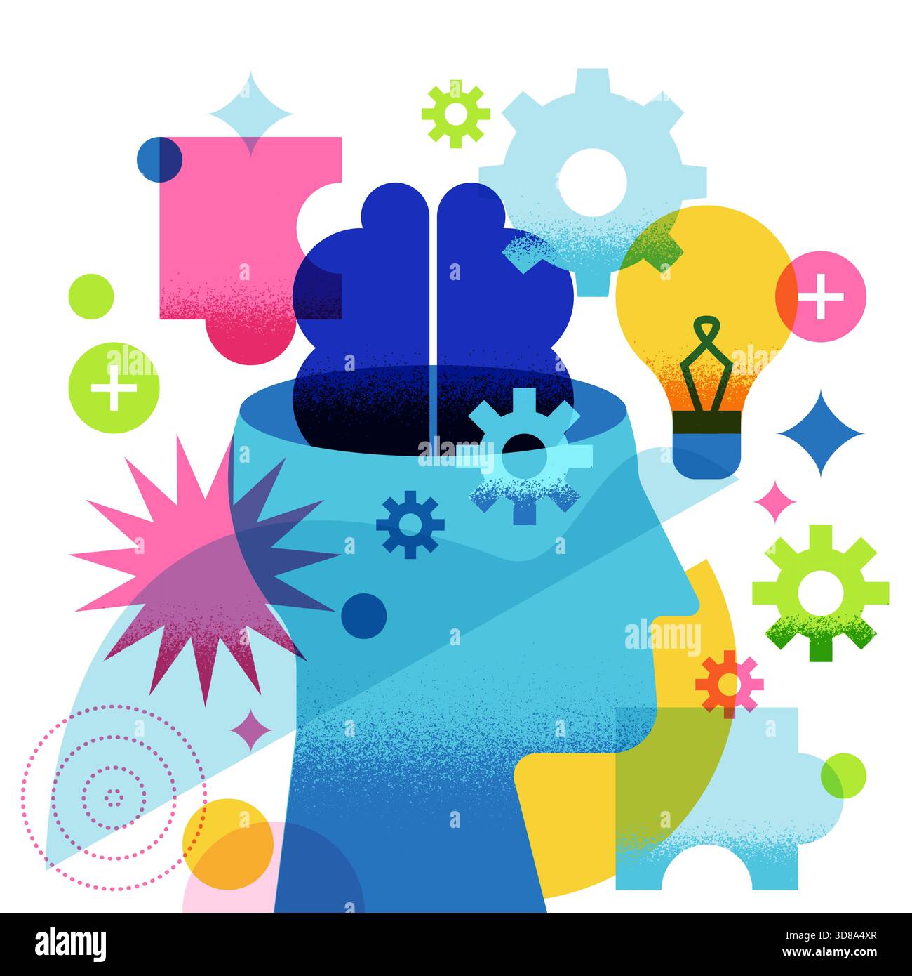 Stylized human head with brain, gear, puzzle, and bulb elements. Modern vector illustration. Concept for education, cognition, problem-solving, creati Stock Vector