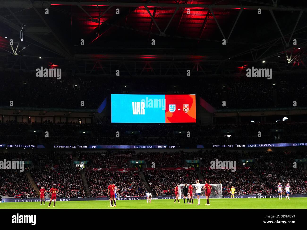 A notice of a VAR check on the big screen during the women's ...
