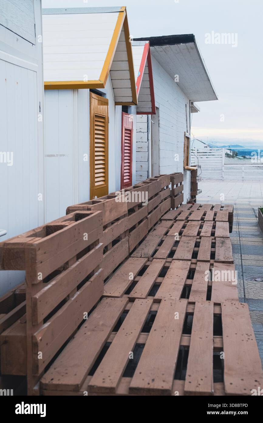 Wood construction on a Sicilian beach overlooking the Mediterranean Sea Stock Photo