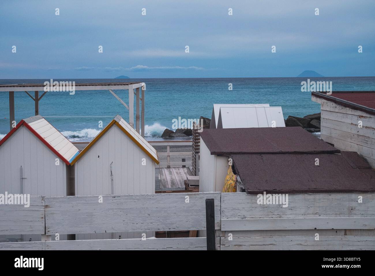 Wood construction on a Sicilian beach overlooking the Mediterranean Sea Stock Photo