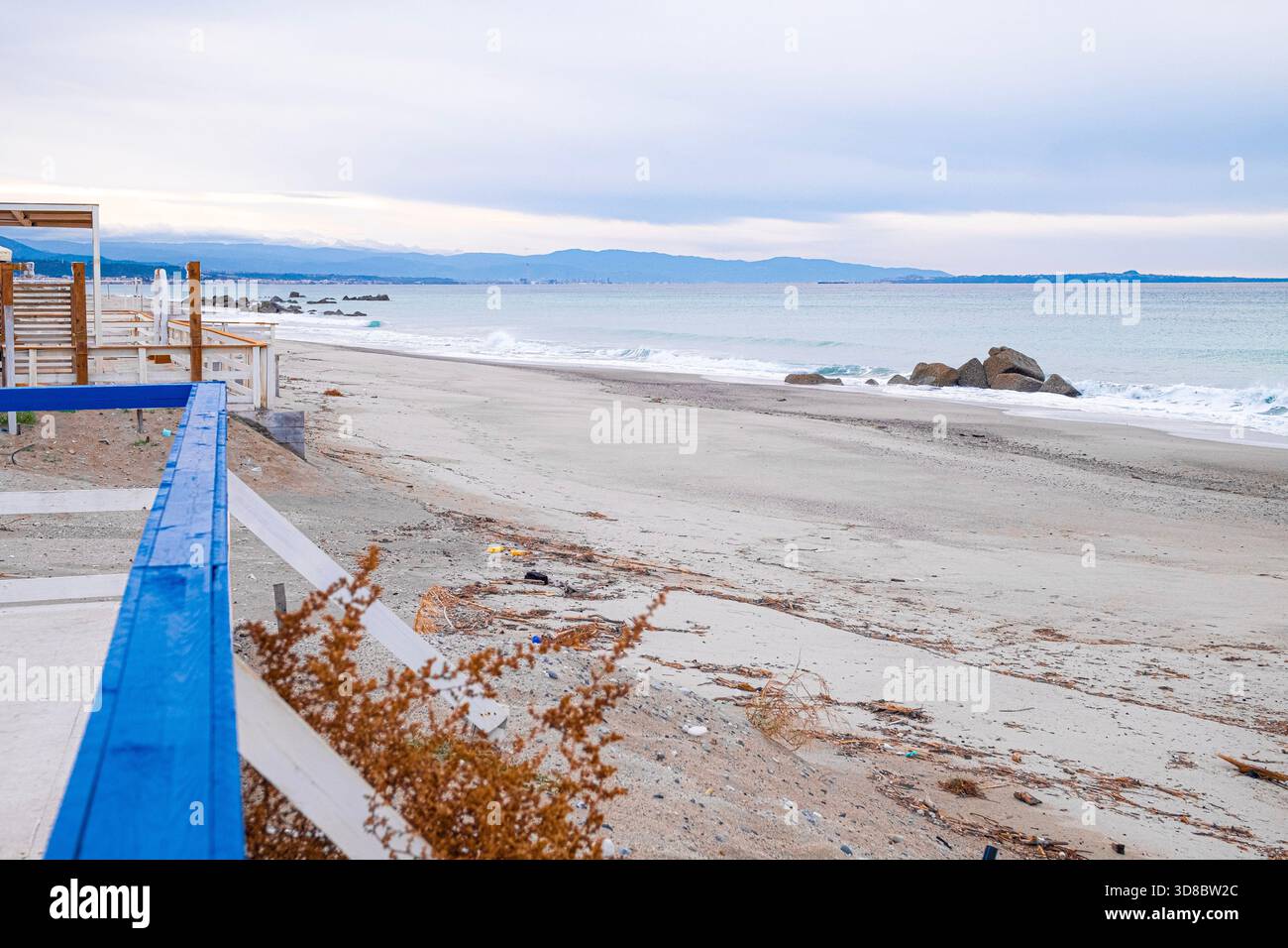Wood construction on a Sicilian beach overlooking the Mediterranean Sea Stock Photo