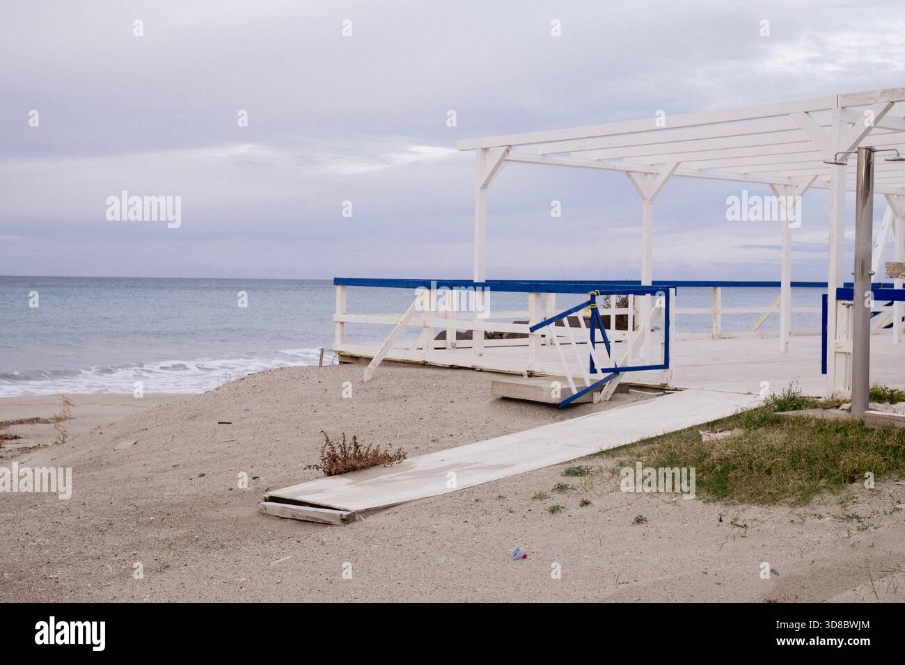 Wood construction on a Sicilian beach overlooking the Mediterranean Sea Stock Photo