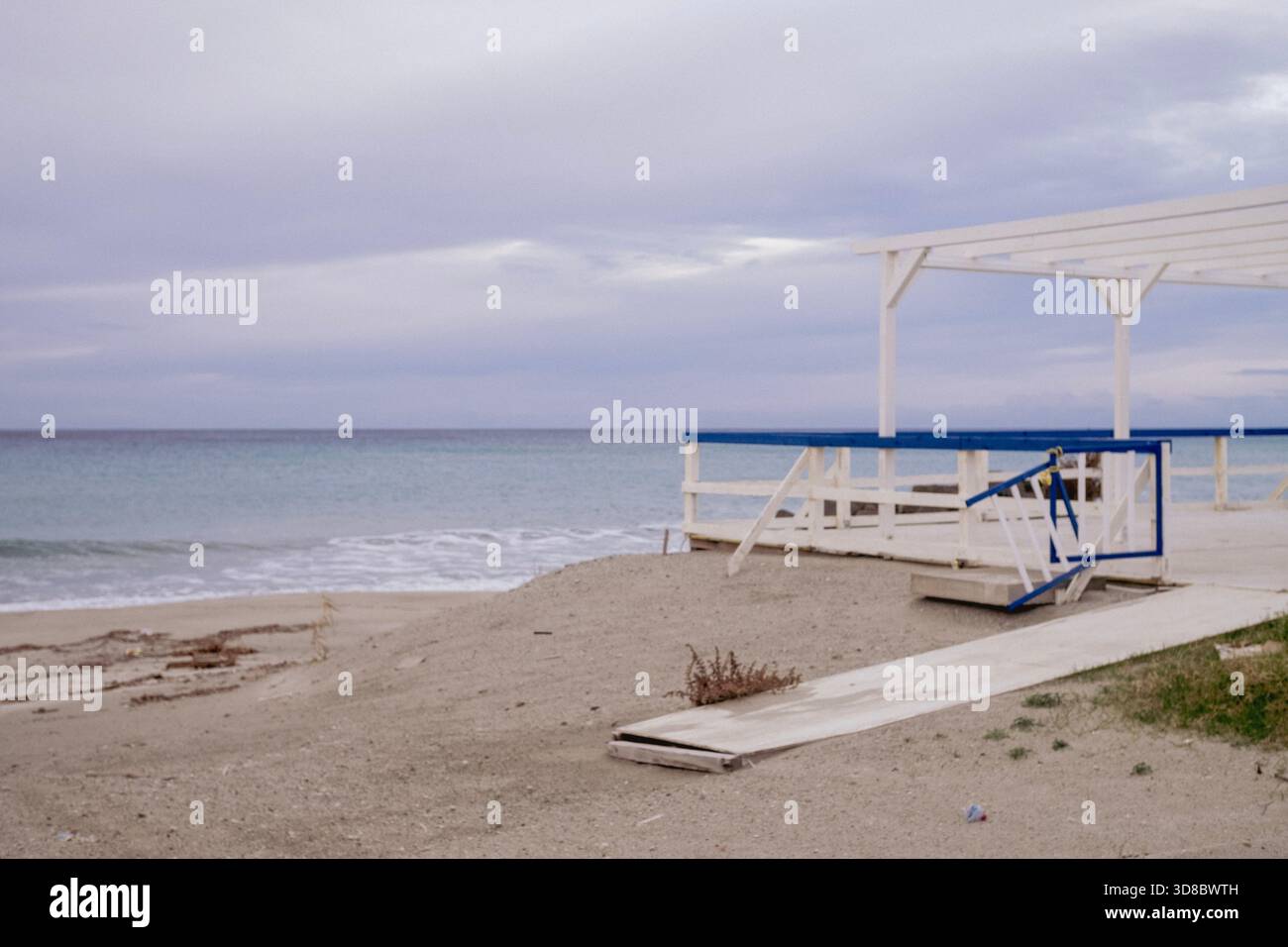 Wood construction on a Sicilian beach overlooking the Mediterranean Sea Stock Photo