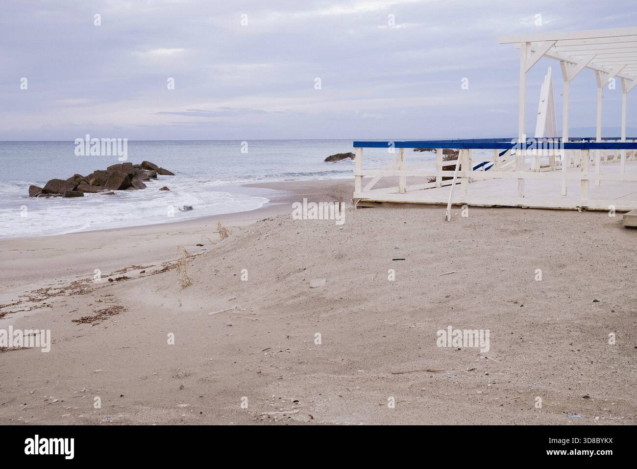 Wood construction on a Sicilian beach overlooking the Mediterranean Sea Stock Photo