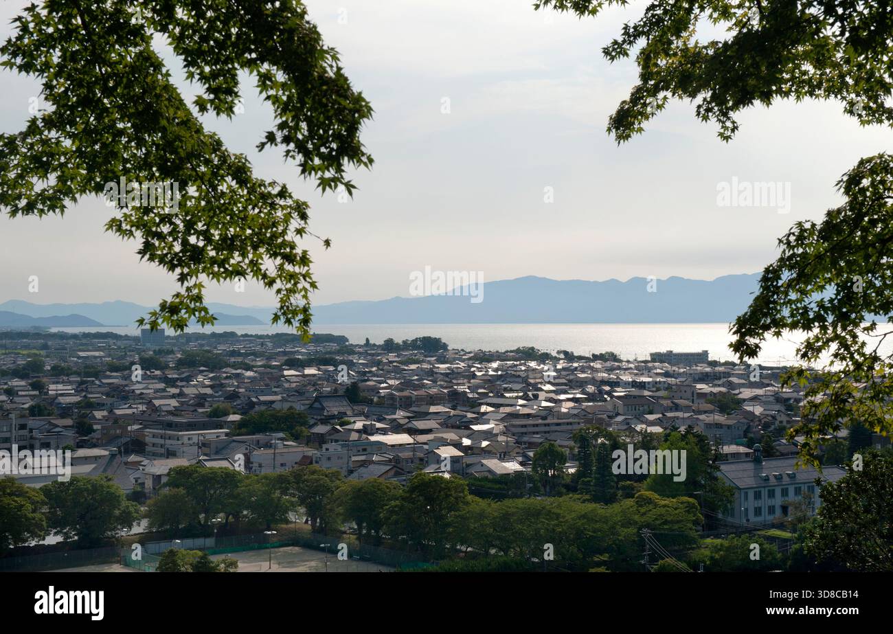 Bird's-eye view of Hikone city and Lake Biwa, Japan's largest lake, as ...