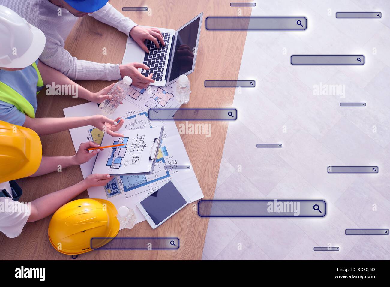 Team of constructors working in office and search fields on virtual screen Stock Photo
