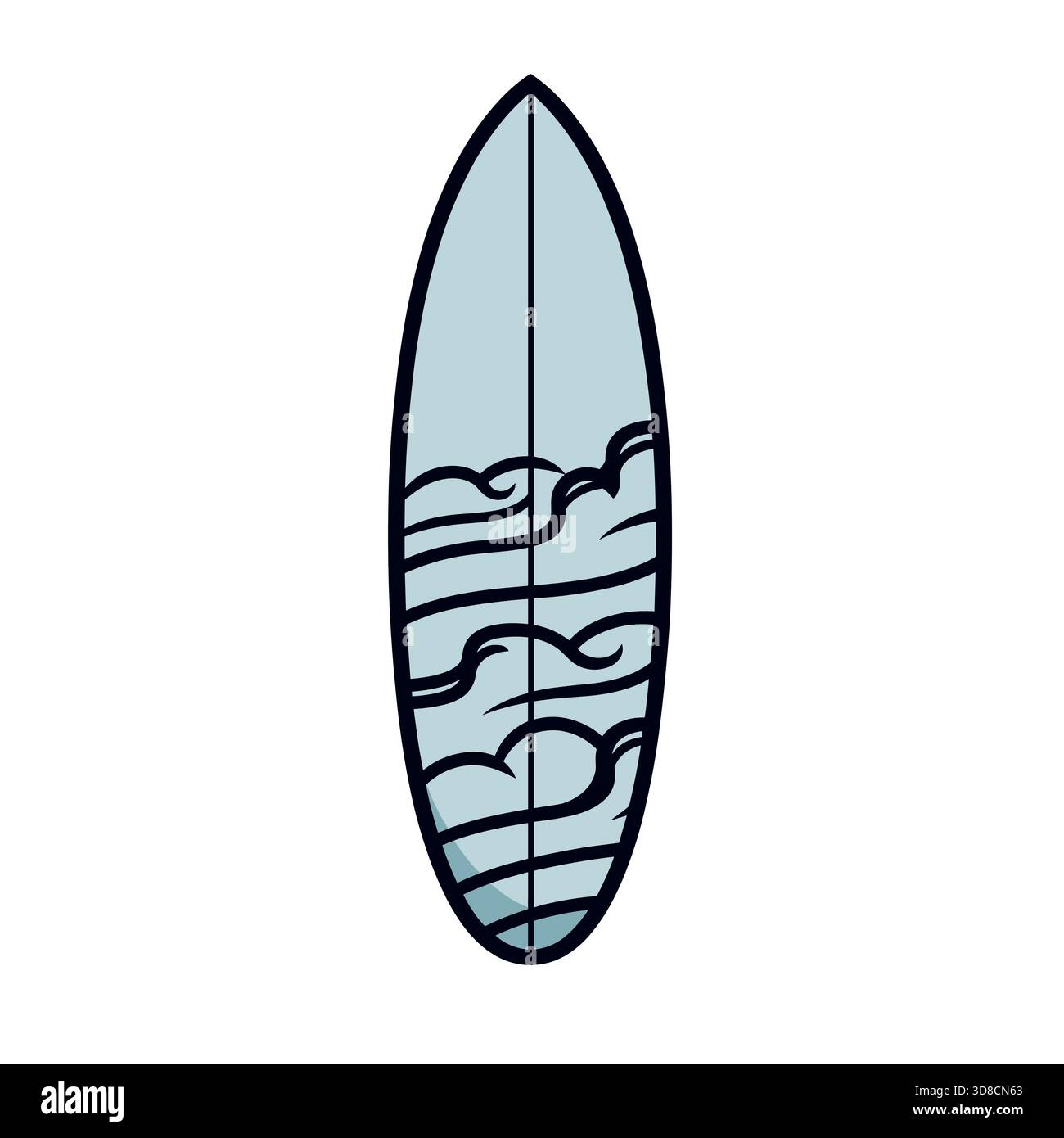 A light blue surfboard with a wave pattern design on the bottom half is ...