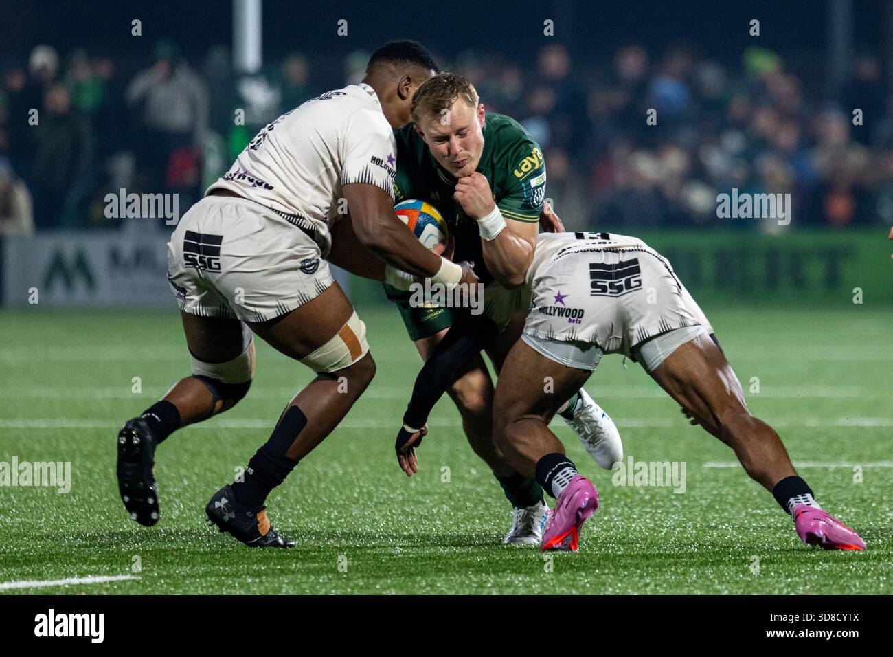 Sam Gilbert Rugby Sam Gilbert of Connacht tackled by Phepsi Buthelezi of Sharks and ...