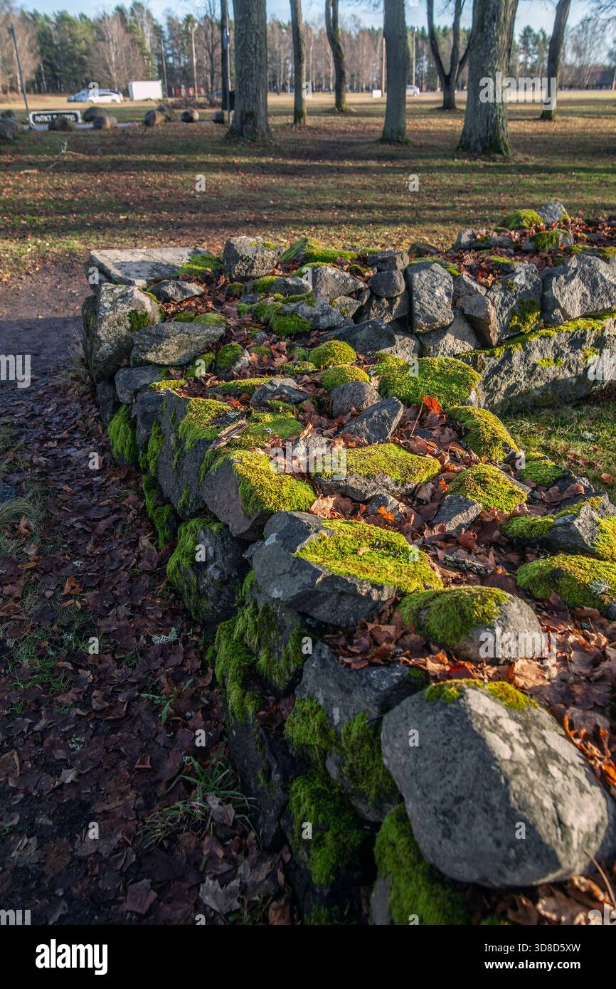 Moss-covered stone wall in Sweden Stock Photo