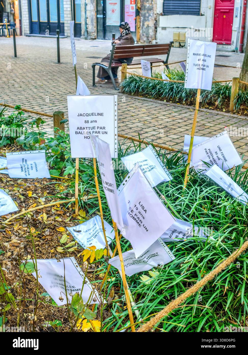Posters planted in city center gardens to mark the 25 November (International Day for the Elimination of Violence against Women) - Tours, France. Stock Photo