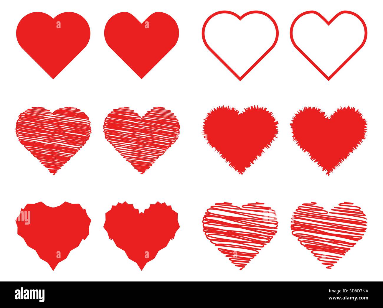 vector set of red hearts love icon symbol in various outline scribble ...