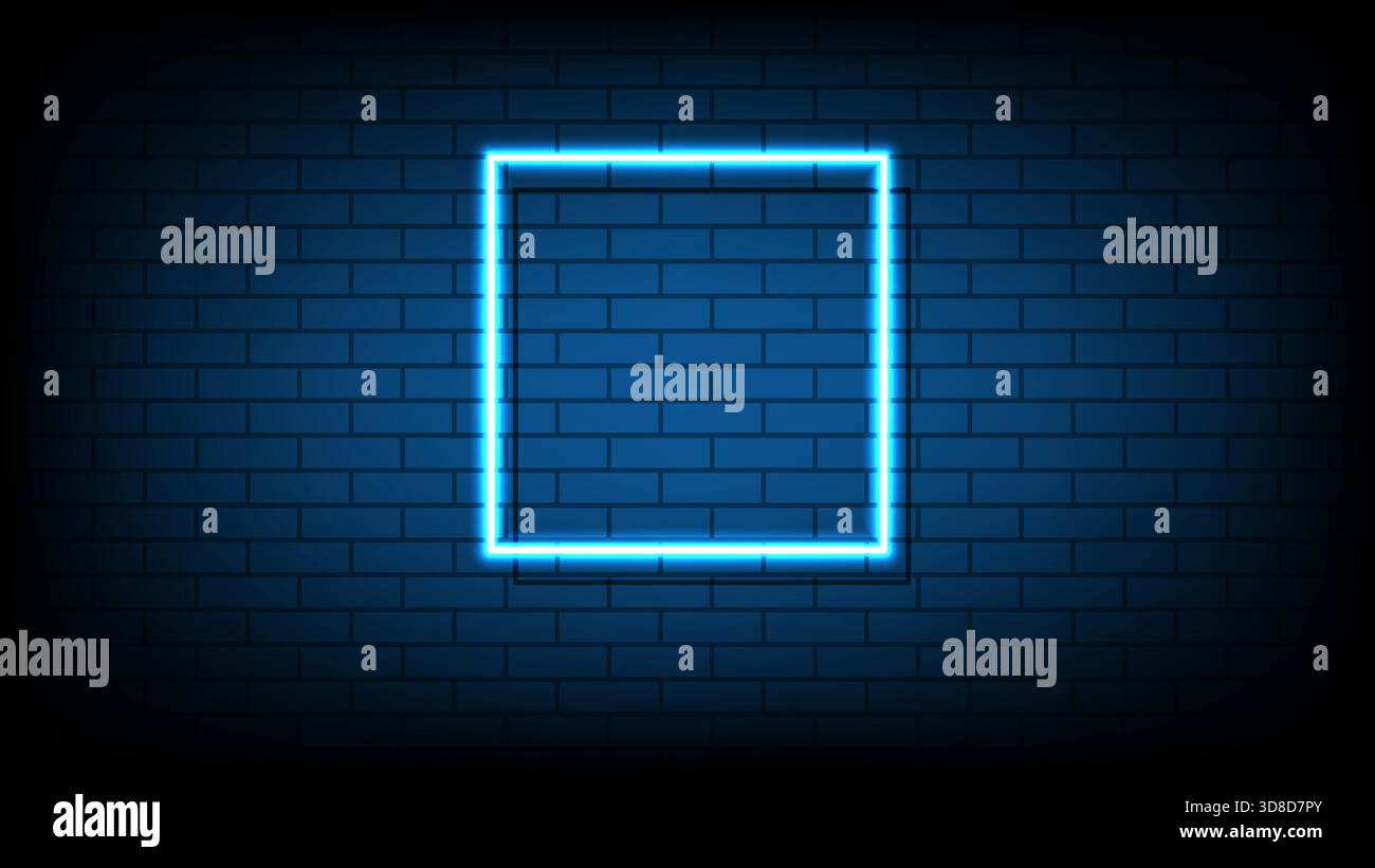 Blue neon square frame on a dark brick wall background with copy space for text Stock Vector