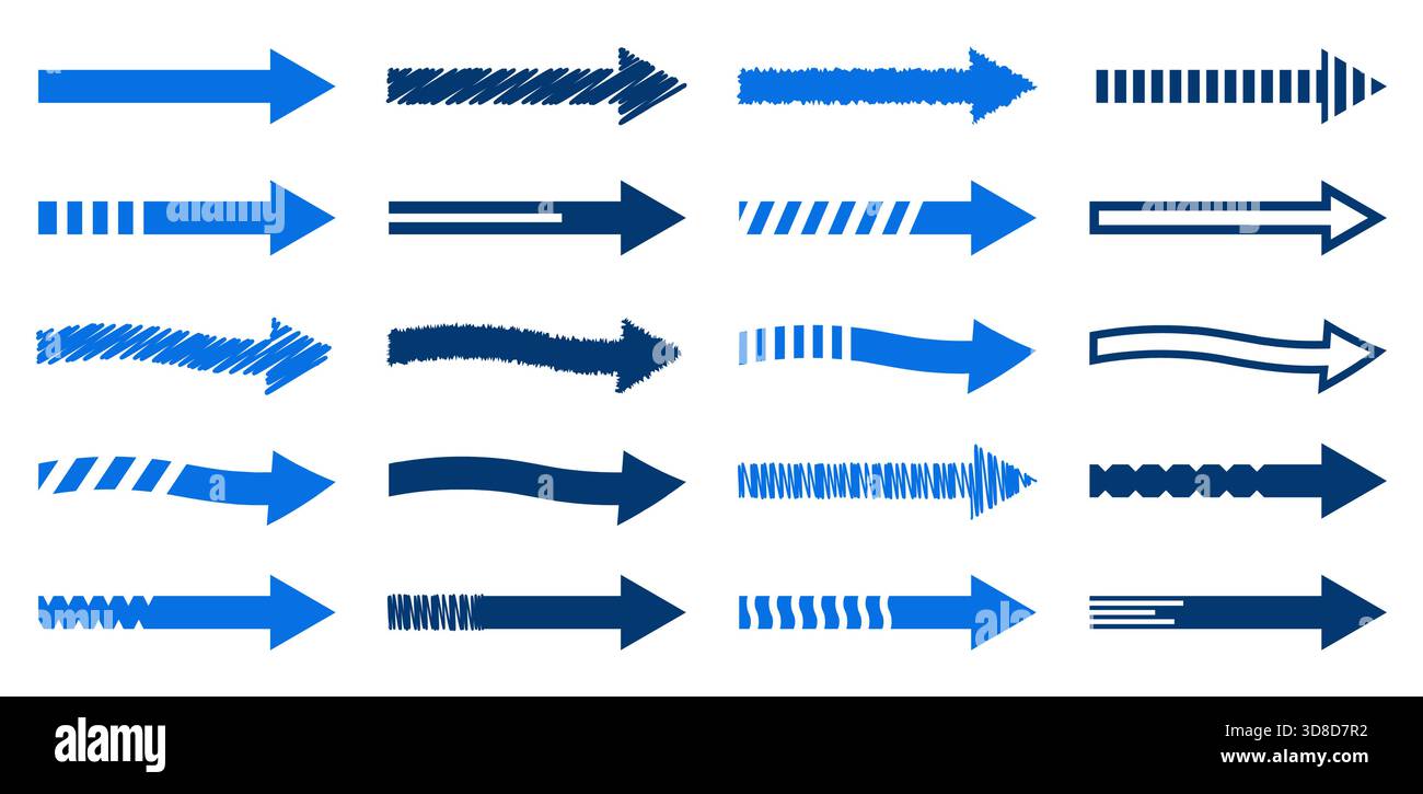 Collection of twenty various blue arrows vector styles solid dashed outline wavy and scribble designs for indicator navigation Stock Vector