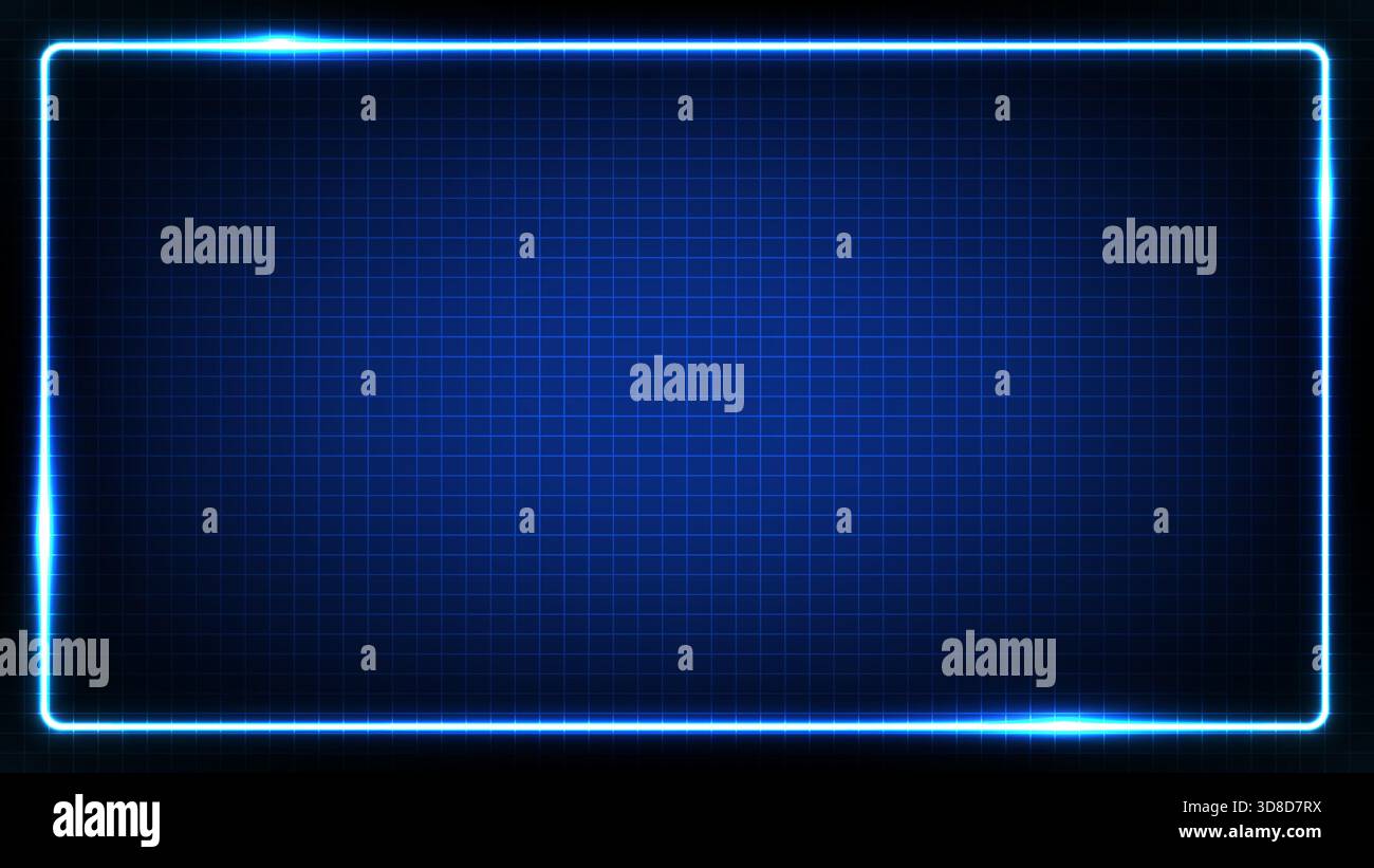 Glowing neon blue rectangular frame over a dark grid backdrop, perfect for tech, sci-fi and digital design themes Stock Vector