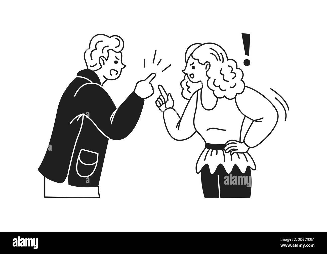 Black and white illustration of a man and a woman engaged in an intense ...