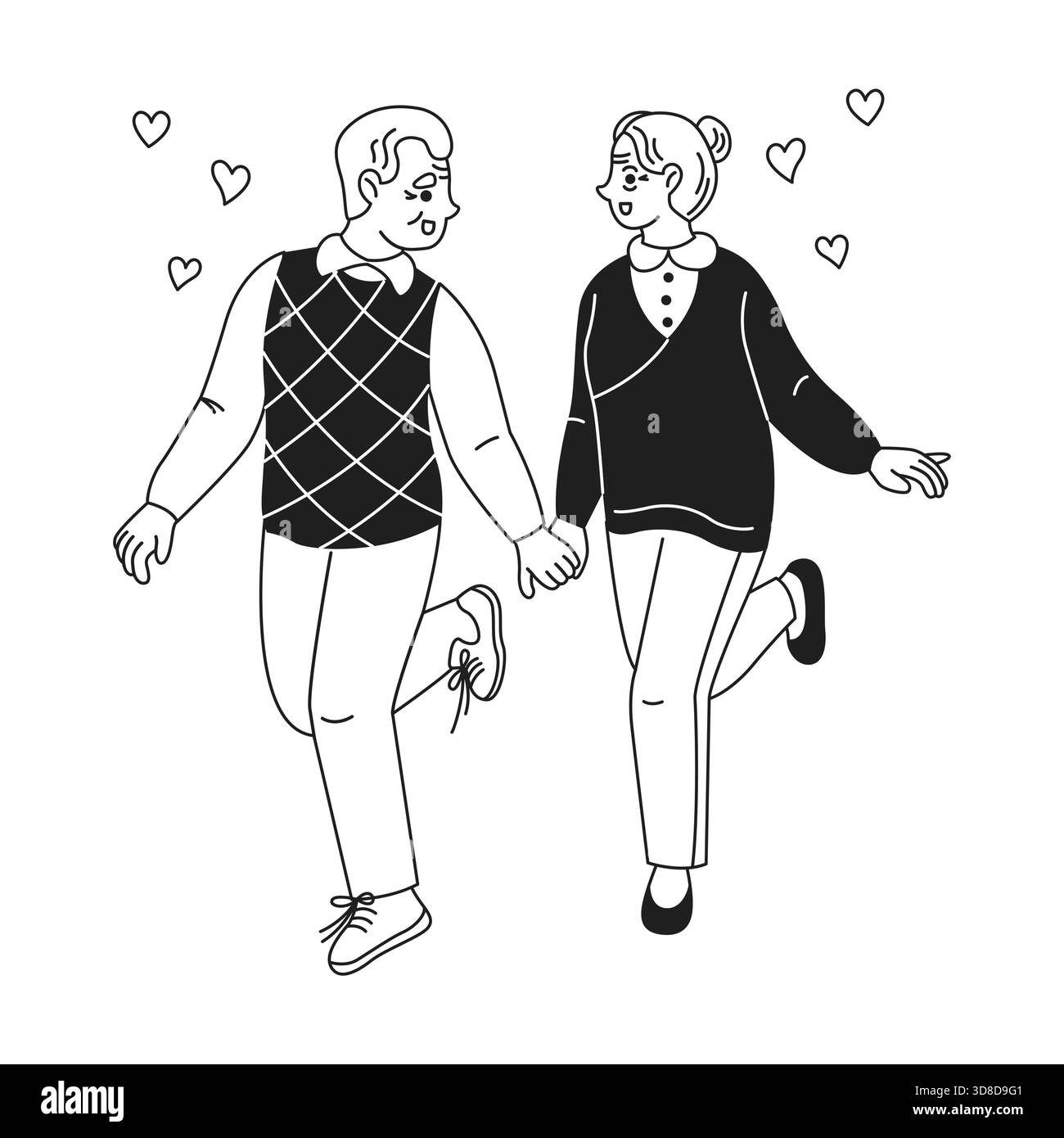 Black and white illustration of a joyful couple holding hands with ...