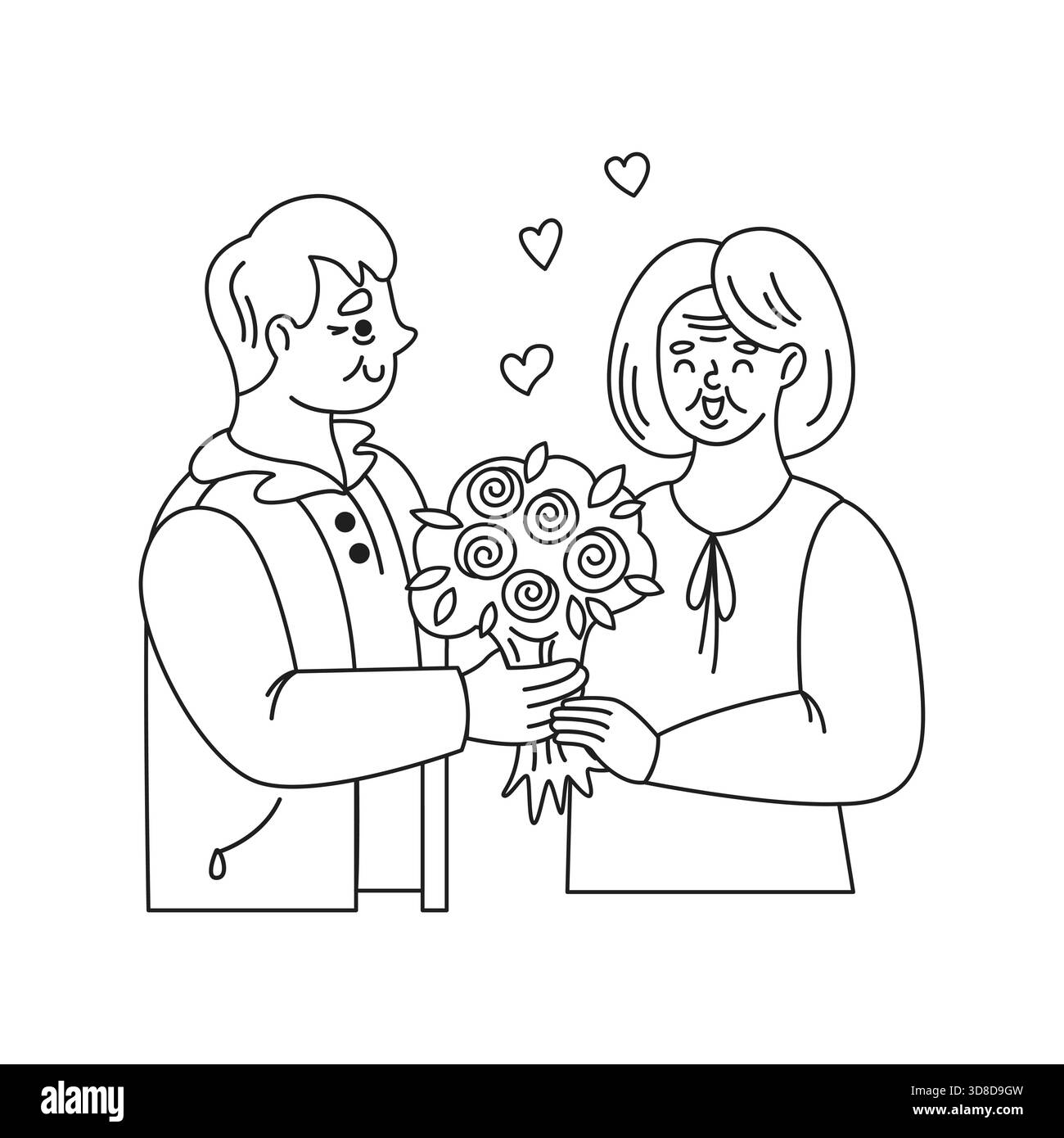 Outline drawing showing a couple expressing love as the man gives the ...