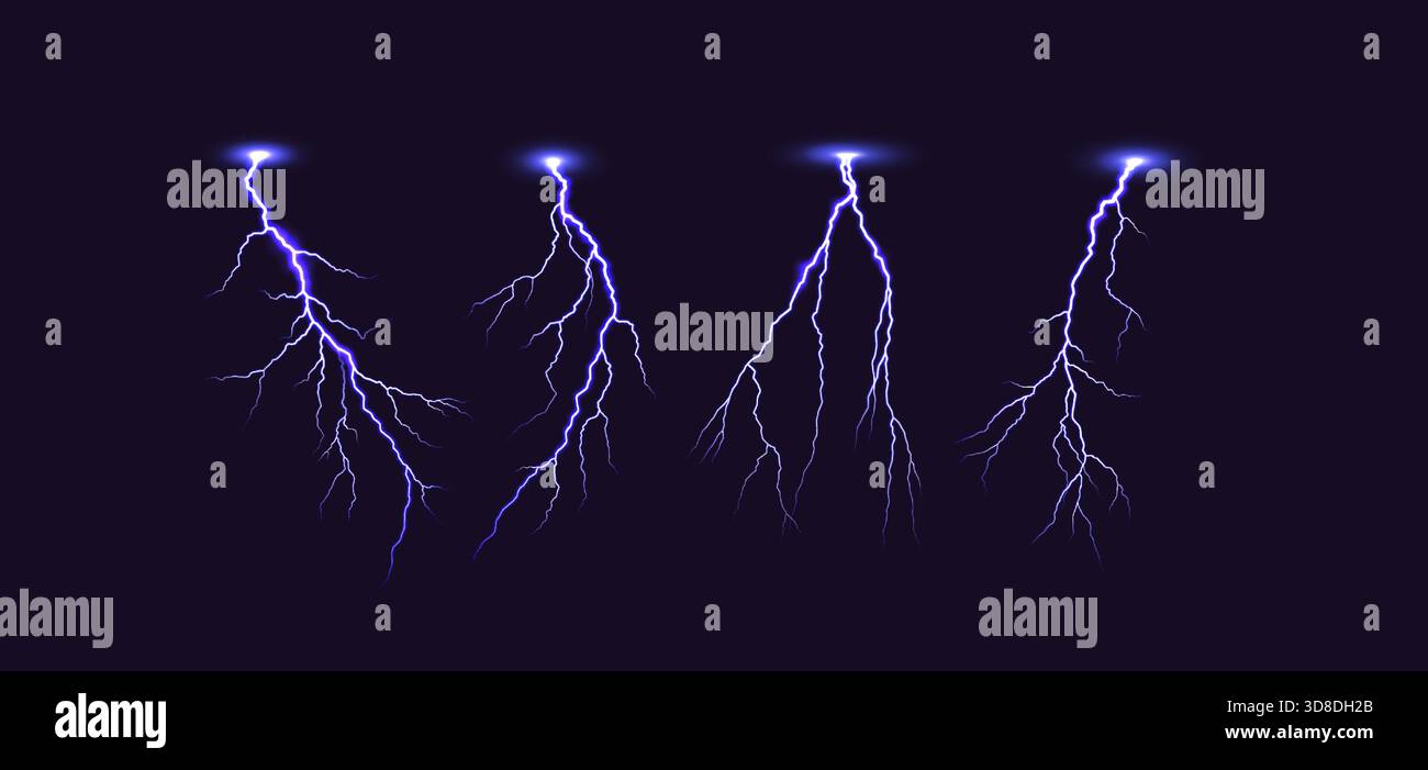 Vivid illustration of bright blue lightning bolts against dark ...
