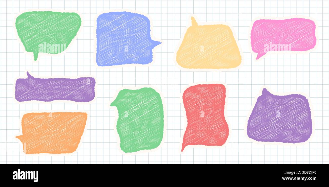 Hand drawn comic talk bubbles in sketch style, crayon doodle frames on chequered background, chalk pencil vector illustration with grunge texture for Stock Vector