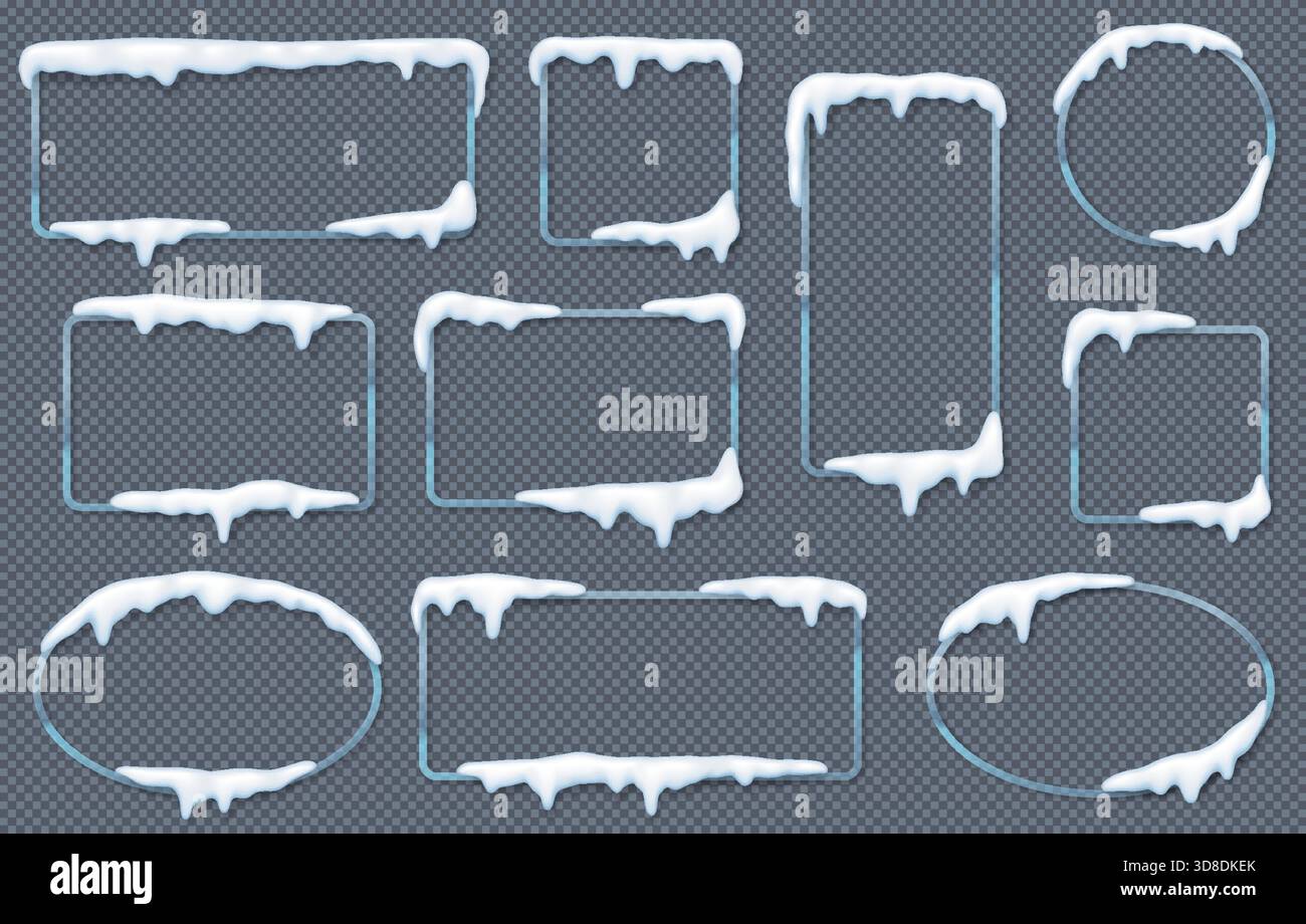 Set of winterthemed frames with frosted snow and ice edges. Various shapes including circles and rectangles. Designed on transparent background for wi Stock Vector