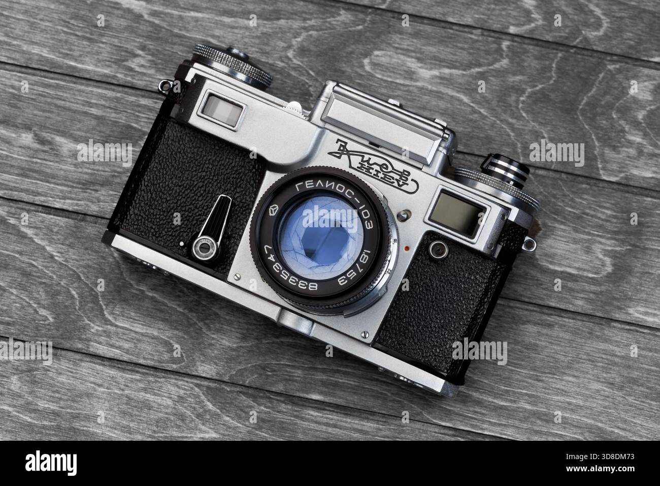 Georgievsk, Stavropol Krai, Russia – November 26, 2025: Soviet film rangefinder camera Kyiv. Old analog camera Stock Photo