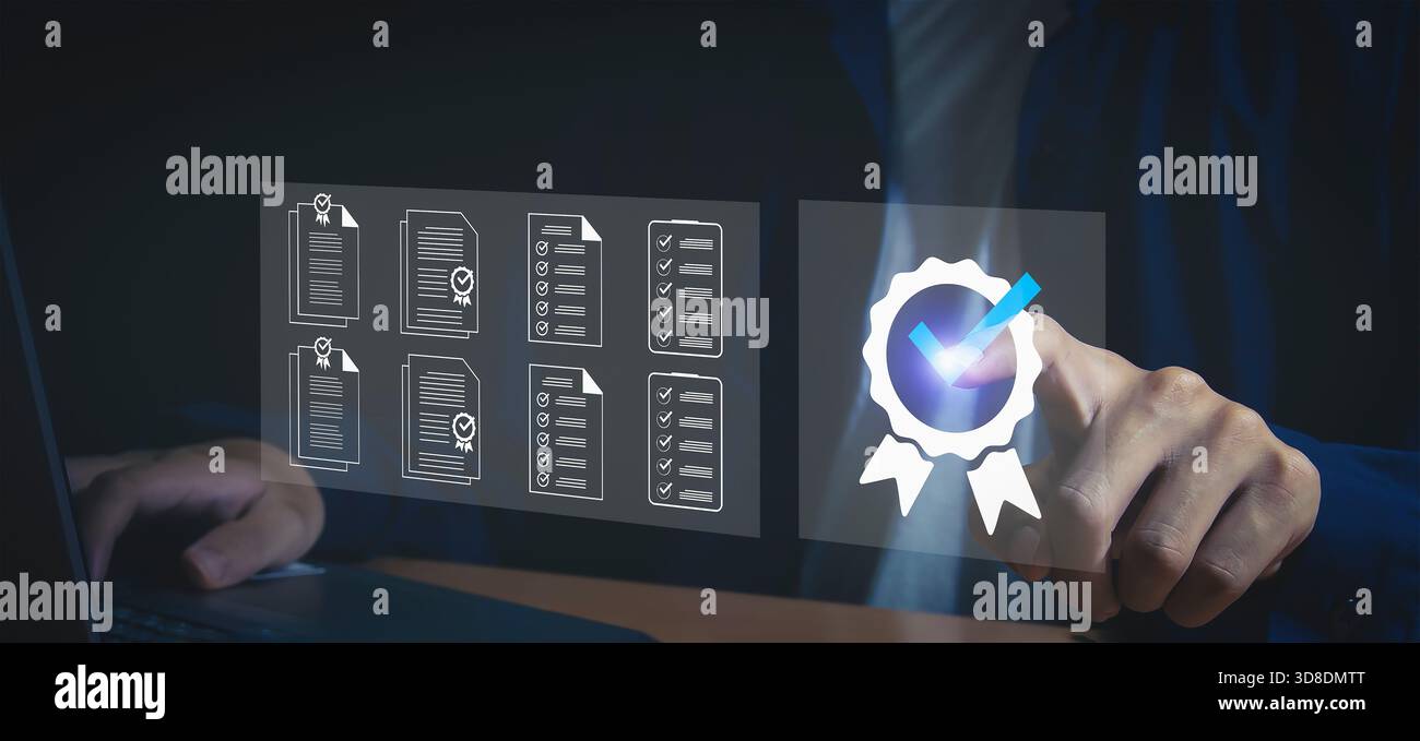 Digital document approval checklist on laptop screen. Productivity and ...