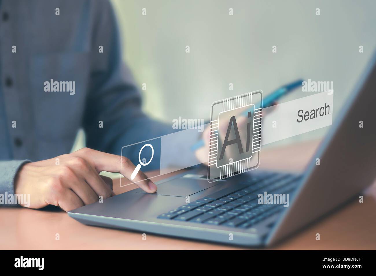 Artificial intelligence and technology concept.Man uses AI to find and solve creative problems. Conversation with creative AI chatbot assistant. Stock Photo