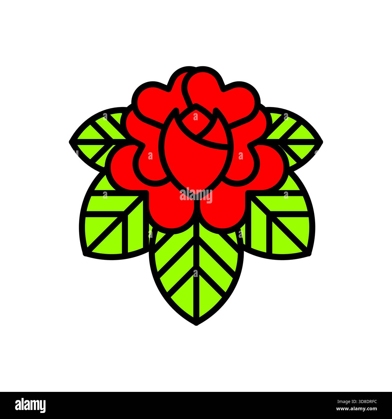 Red rose vector icon, ideal for tattoo design. Simple, bold floral graphic with green leaves, symbolizing love, beauty, or remembrance. Stock Vector