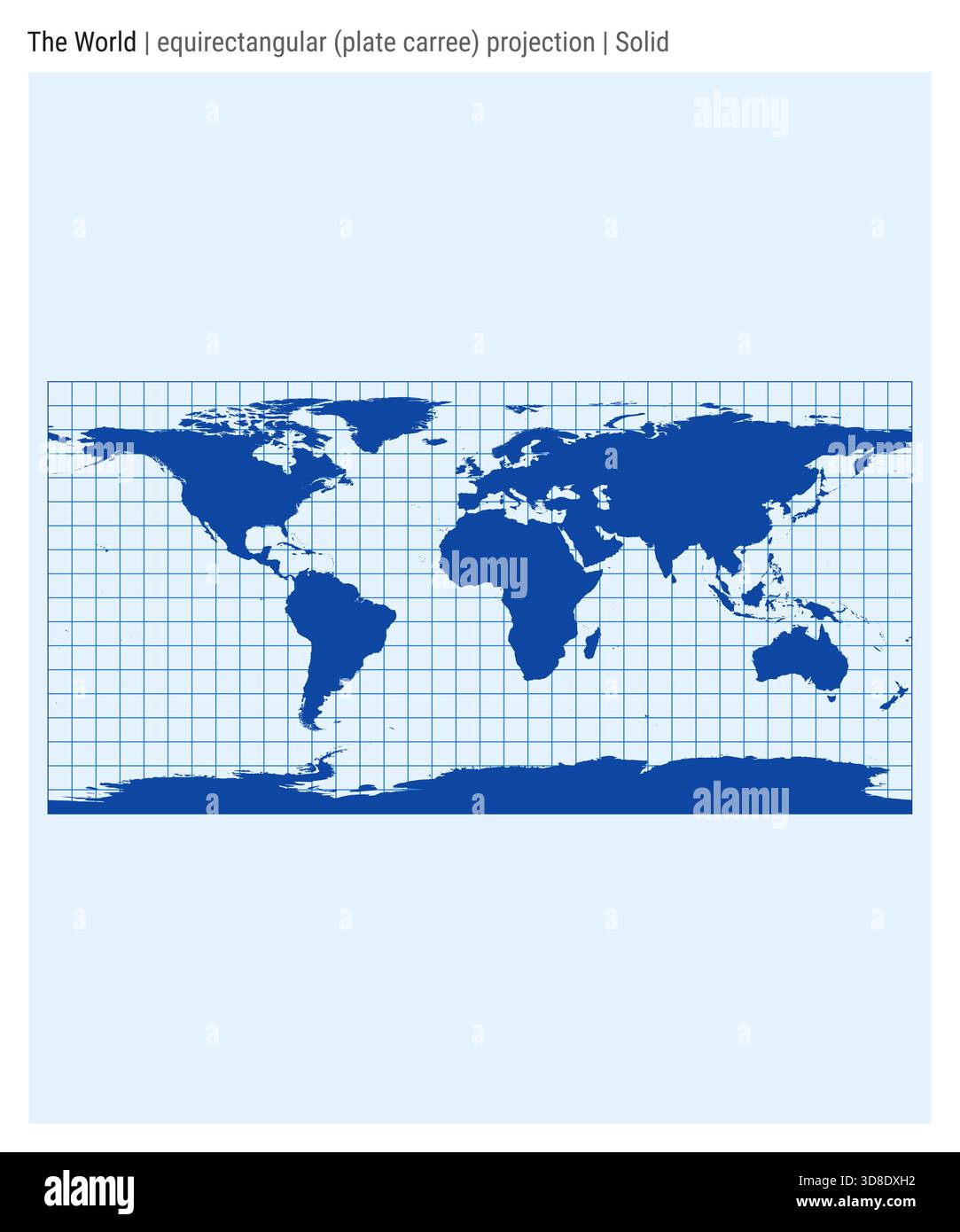 World Map. Equirectangular (plate carree) projection. Solid style. High Detail World map for infographics, education, reports, presentations. Stock Vector