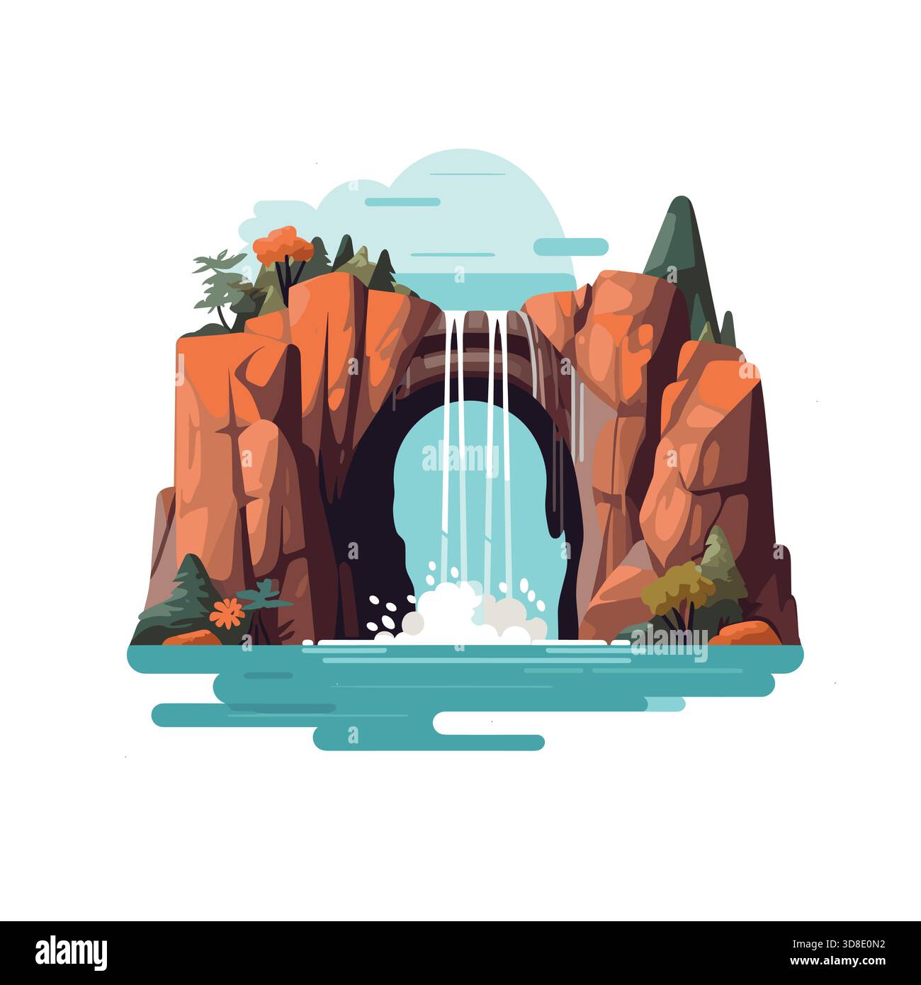A cascade descends through a natural arch in brown rocks and splashes ...
