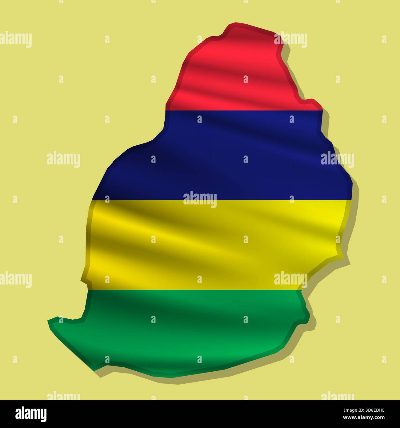 Waving vector abstract flag of Mauritius in map shape with shadow Stock Vector