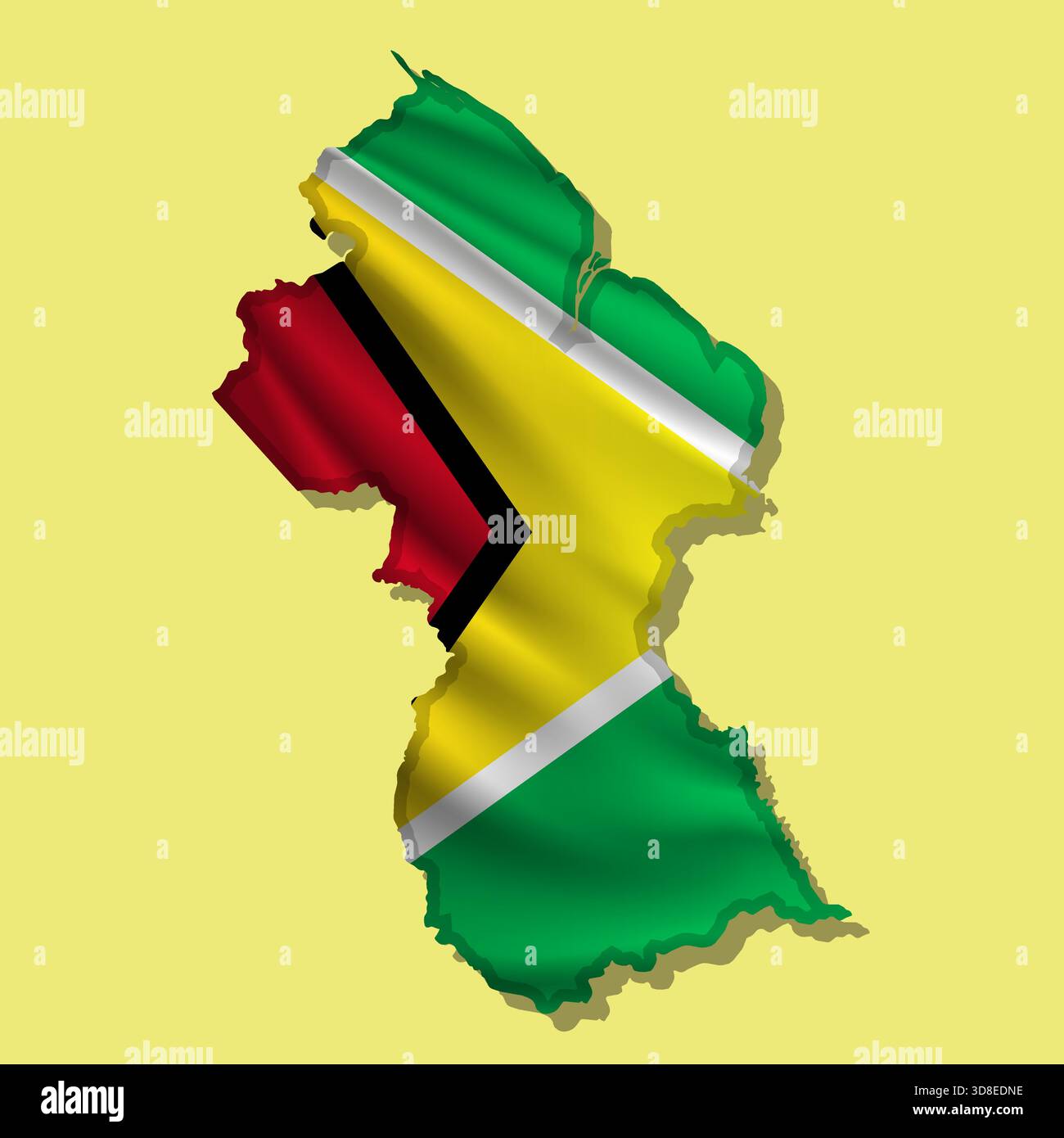 Waving vector abstract flag of Guyana in map shape with shadow Stock Vector