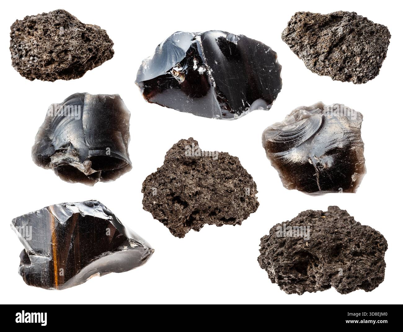 set of various samples of volcanic natural stones isolated on white ...