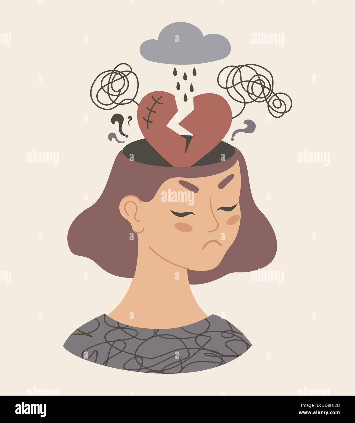 Mental Health. Sad Woman with Broken Heart, rain cloud and Tangled ...