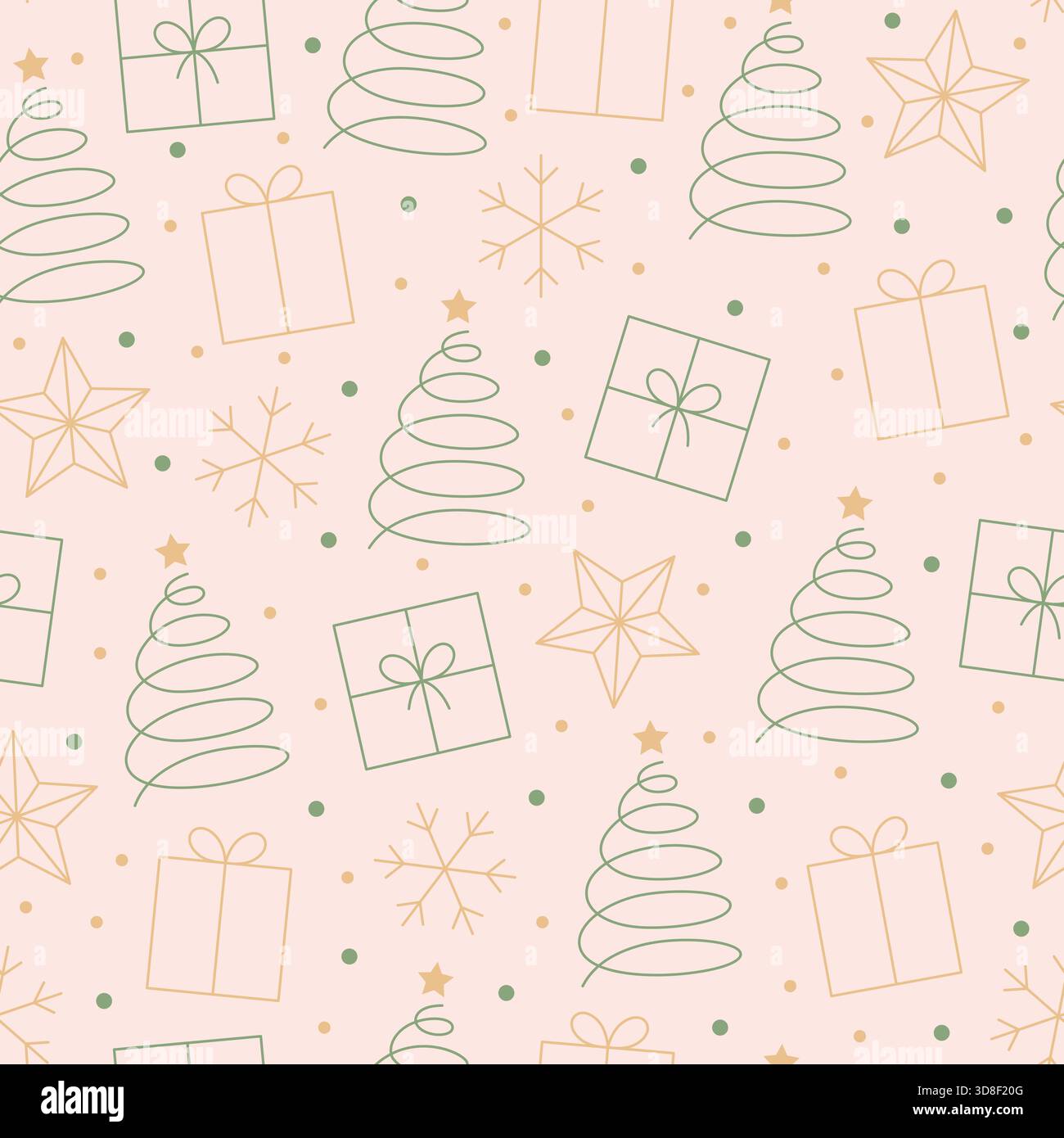 Minimal Christmas seamless pattern with gift boxes, stars and trees. Vector illustration Stock Vector