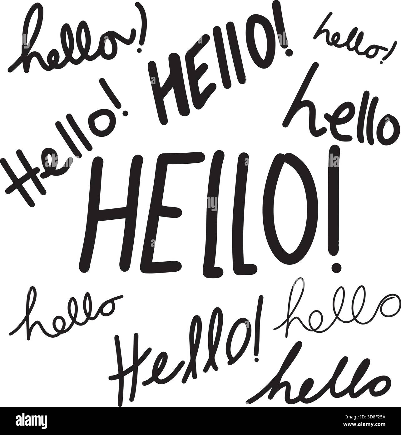 Hello! symbol, greeting Hand drawn scribble script calligraphy brush storke element icon illustration Stock Vector