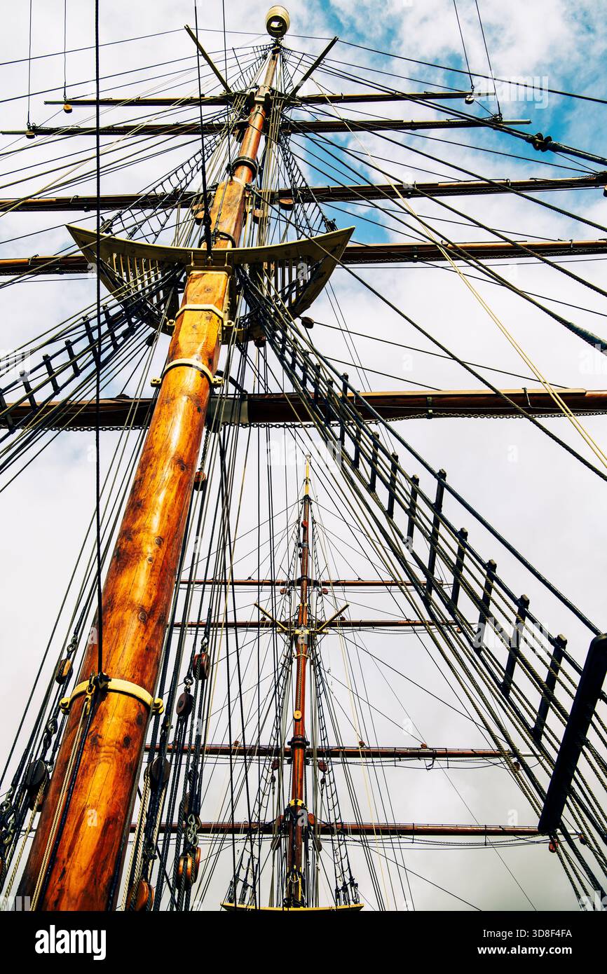 Masts and rigging of Robert Falcon Scott's Antarctic research ship Discovery, now on permanent display at Discovery Point in Dundee, Scotland Stock Photo