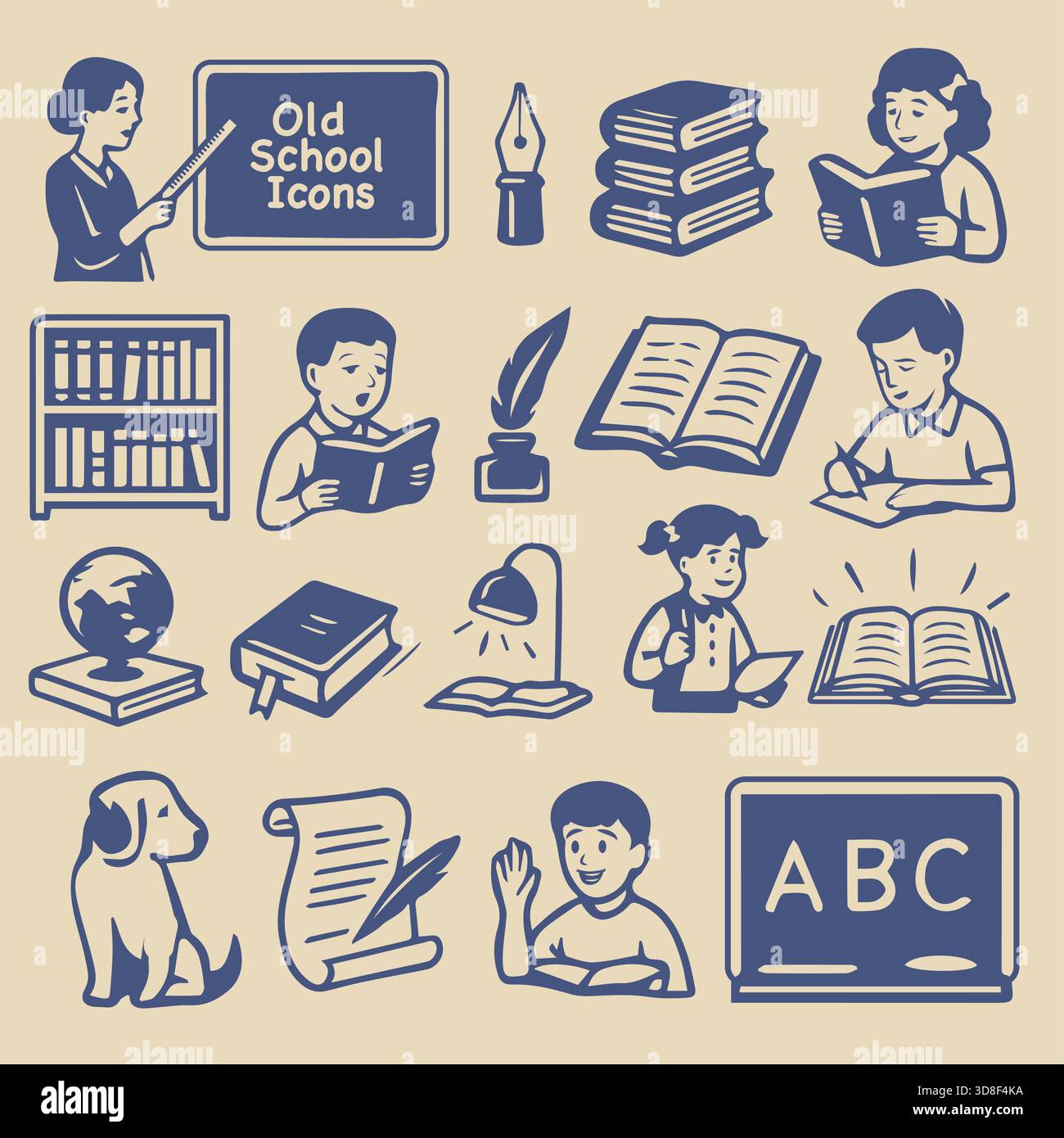 Retro-style education icons featuring children reading, writing ...