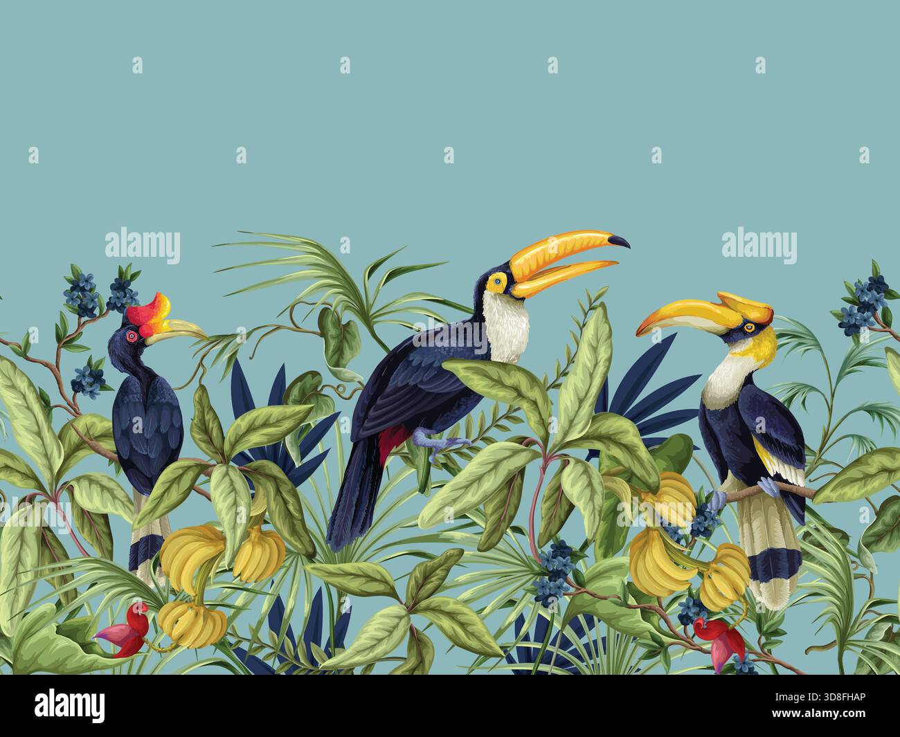 Tropic birds vector border with exotic hornbills tropical foliage ...