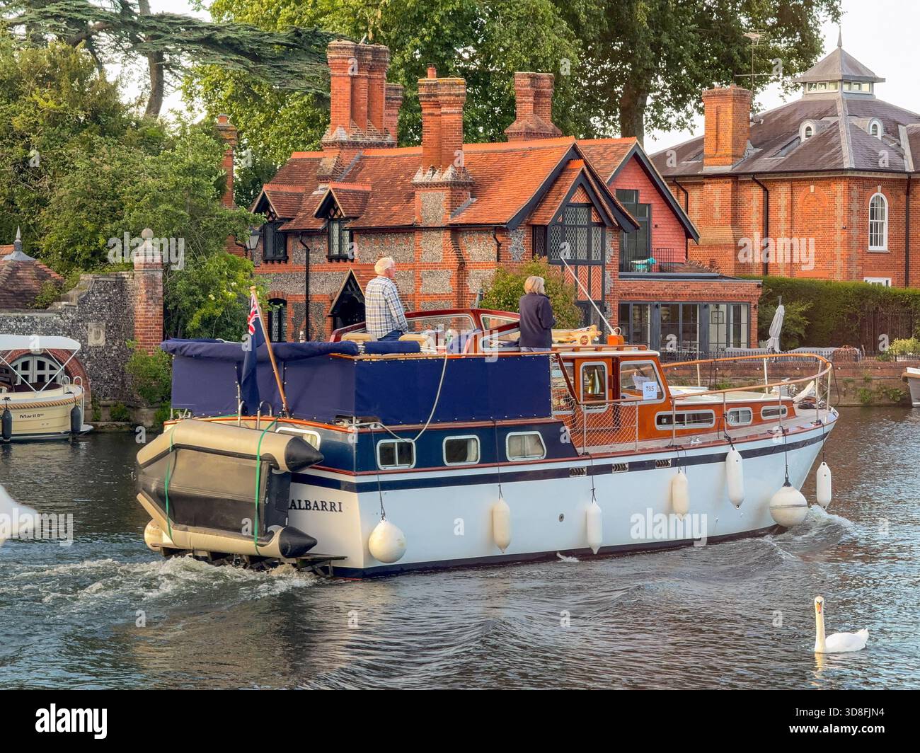 Marlow, Buckinghamshire, England, UK - 20 July 2025: People enjoying an evening cruise on  luxury motorboat on the River Thames at Marlow - Smartphone Captured Stock Image