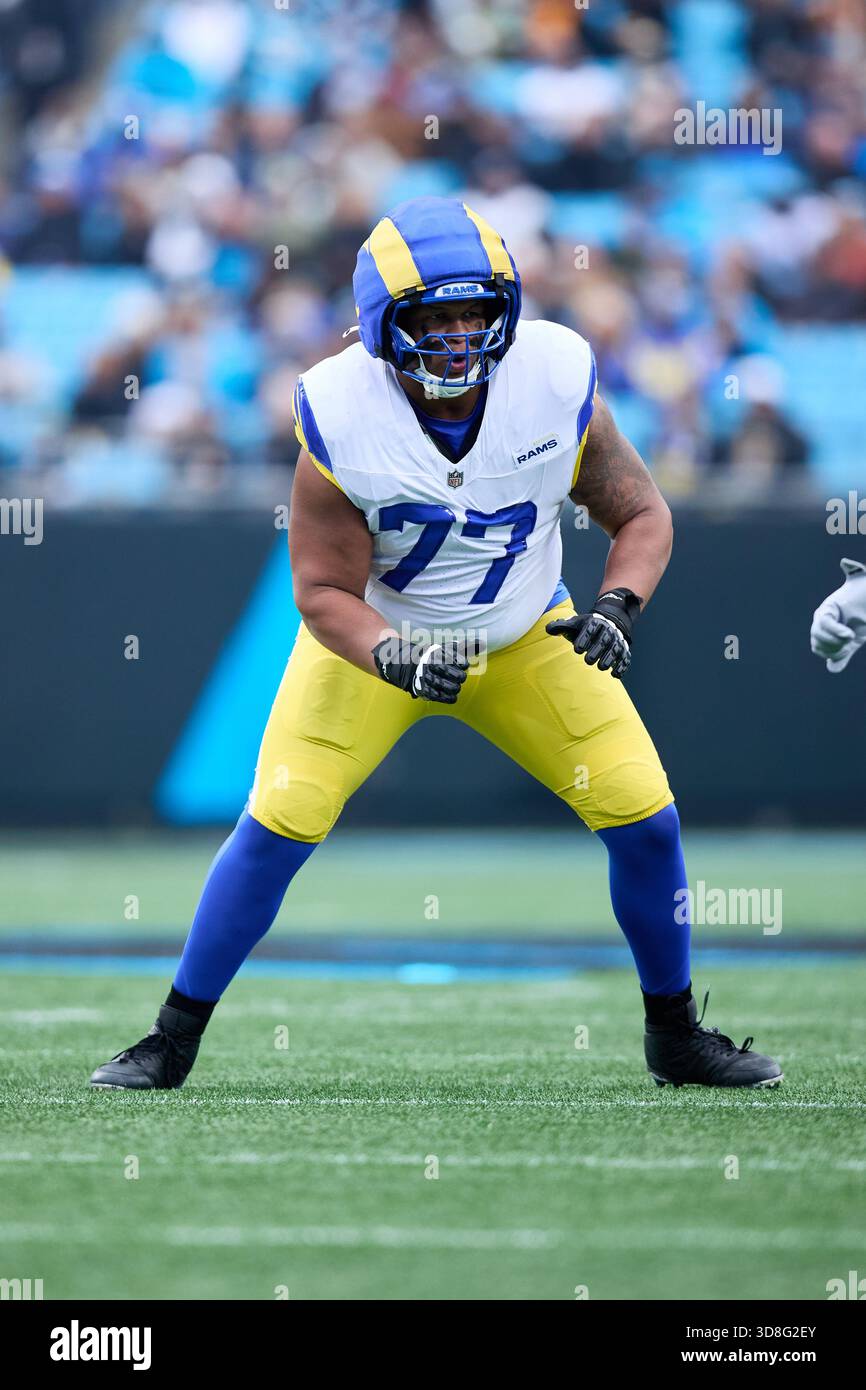 Los Angeles Rams offensive tackle Alaric Jackson (77) looks for someone ...