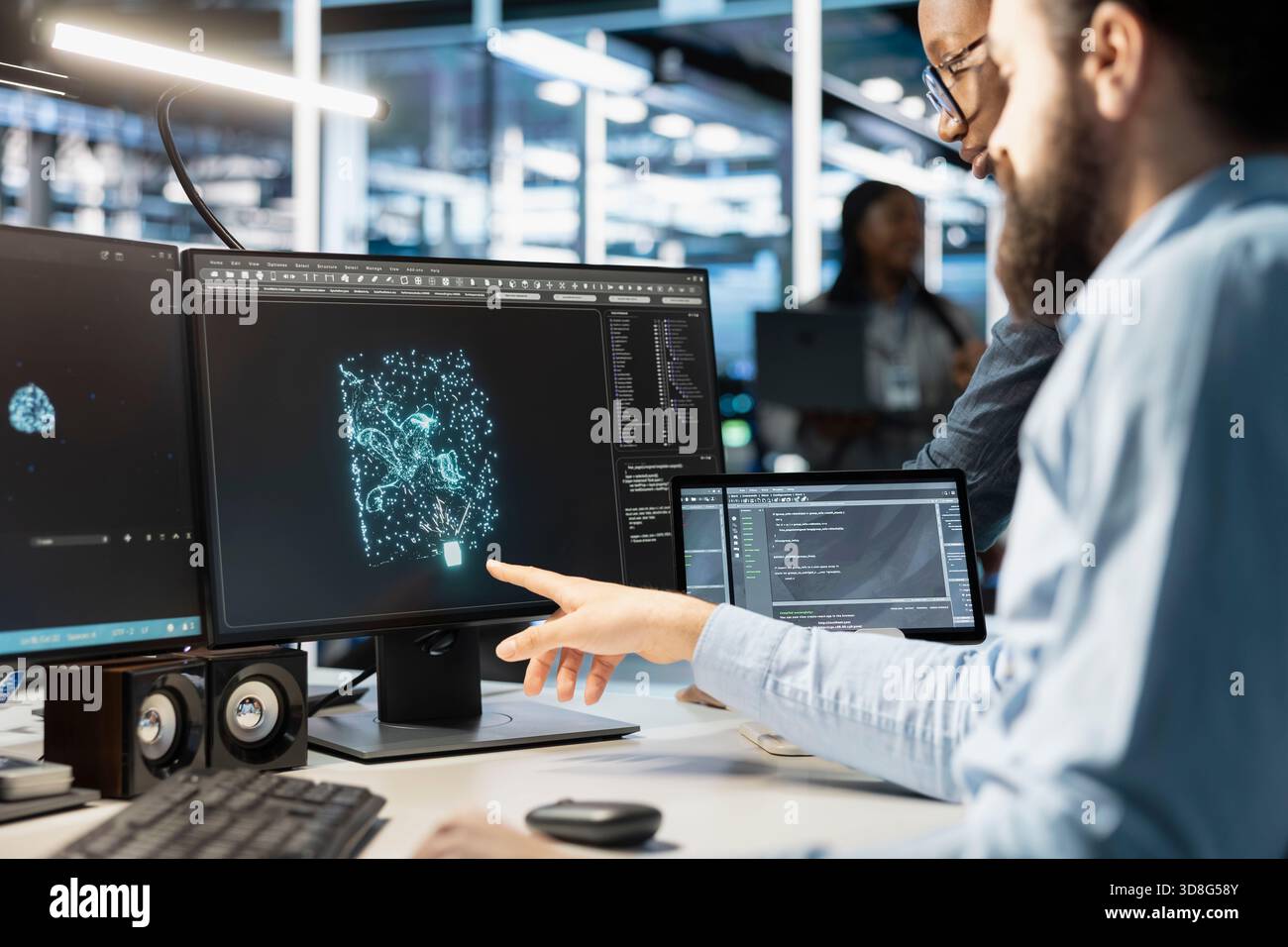 Data center engineering team monitoring system performance using PC, identifying bottlenecks. Server farm teamworking colleagues troubleshooting glitches, implementing optimizations Stock Photo