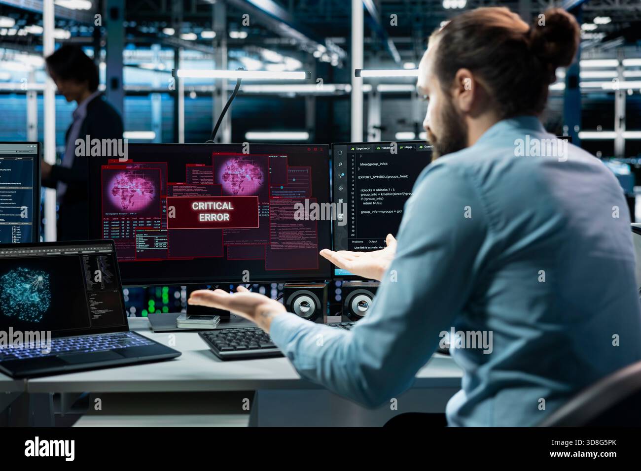 Data center computer scientist using AI LLM assistant to fix critical errors affecting hardware. Server farm IT employee using large language model chatbot to eliminate glitches Stock Photo