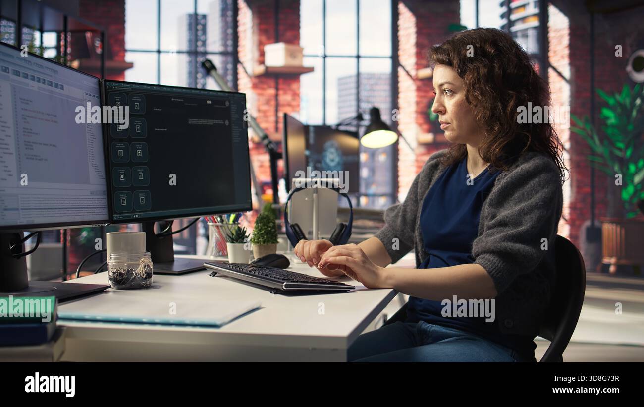 Worker uses AI chatbot system to guide through problem solving tasks, futuristic technology highlights smart algorithms and machine learning. Communication and IT support. Camera A. Stock Photo