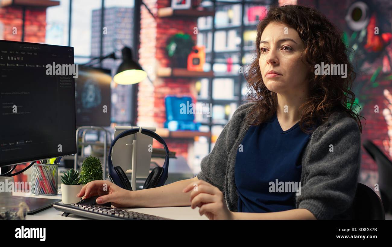 IT expert writing code and debugging on artificial intelligence neural networks computerized brain model. Woman tech support doing checkup on AI systems, cloud computing. Camera B. Stock Photo